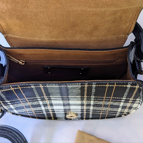 Patricia Nash Annfield Saddle Bag Leather Crossbody Handle Black White Plaid NWT - Picture 10 of 13